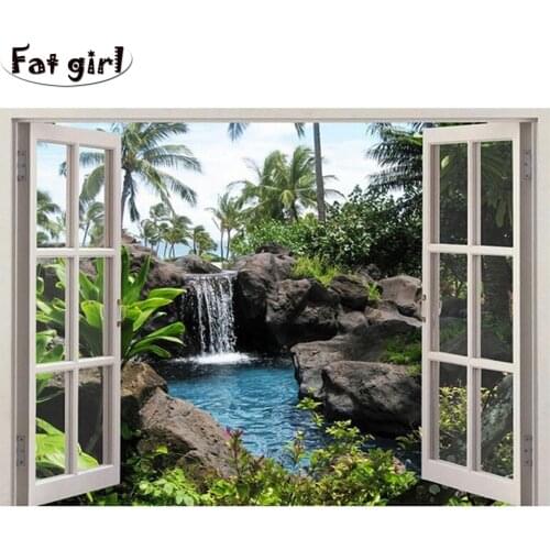 Needlework 5D Diy Diamond Painting Window scenery rockery waterfall Diamond Embroidery Full Round Square Rhinestones wall art