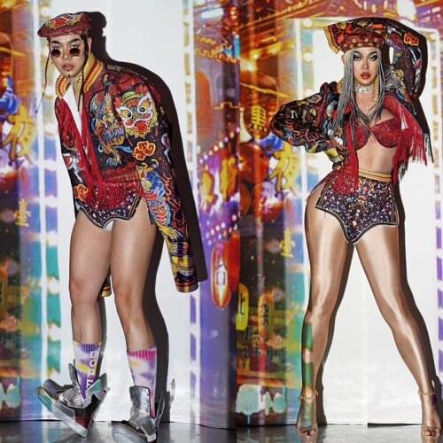 Print pant and jacket hat sets Party club sexy Women man Singer Gogo Dance drag queen Costume Stage Performance Festival Oufit