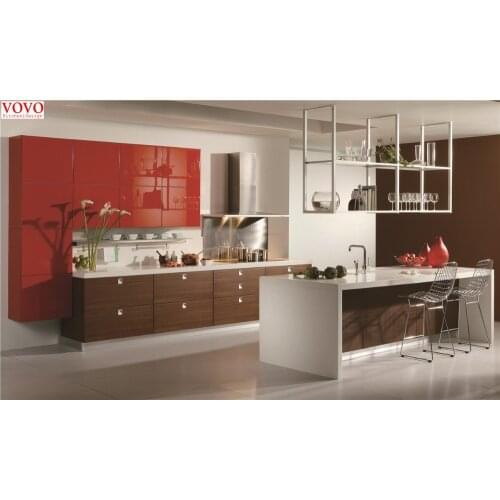 Red and woodgrain kitchen design