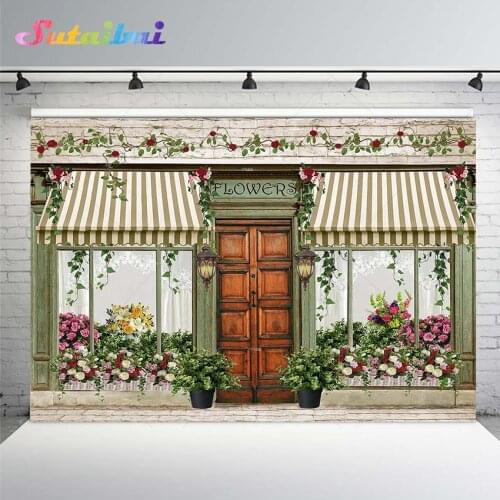 Flowers Shop Store Backdrop Spring Floral Green Vine Vintage Wood Door Wedding Bridal Shower Background Photography Studio Decor