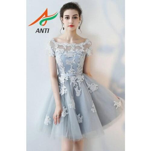 ANTI Sexy Silver Cocktail Dresses 2019 New Scoop Tulle Appliques Lace-Up Knee-Lingth Prom Dress Short Formal Cocktail Party Gown