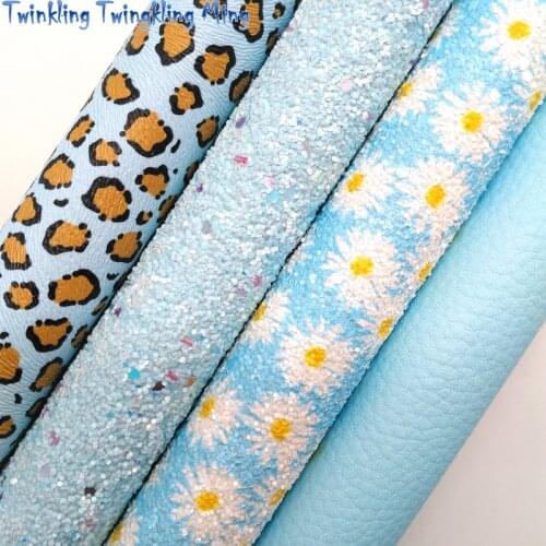 Twinkling Twinkling Daisy Printed Chunky Glitter Leather Felt Backing Leopard Printed Synthetic Litchi Vinyl 21X29CM KM546