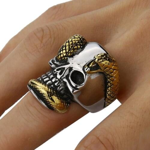Valily Jewelry Mens Punk Snake Big Skull Ring Stainless Steel Gold Black Vintage Hip Hop Band Ring for Men Fashion Party Rings