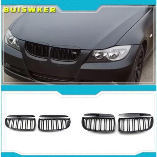 1 Pair Gloss Matt Black M Color 2 Line Front Kidney Grille Grill Double Slat For BMW E90 E91 3 Series 320i 325i 328i 2005-2008