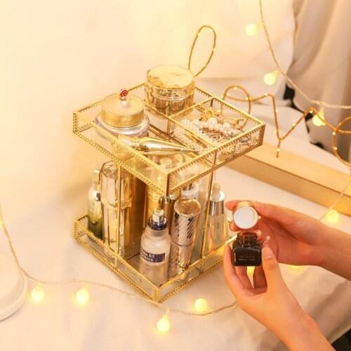 Glass Cosmetic Storage Box Small Square Shape Rotating Storage Rack Dressing Table Finishing Rack