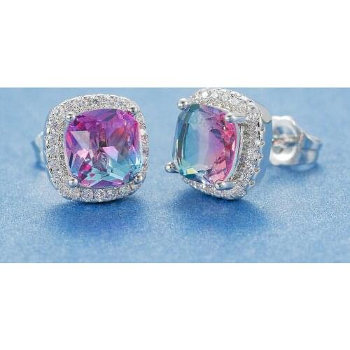 Gorgeous Women Colorful Zircon Square Stud Earrings Bridal Wedding Engagement Jewelry Rhinestone Rainbow CZ Ear Stud Earrings