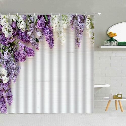 Purple Flower Green Leaves Shower Curtain Hyacinth Wisteria Bathroom Decor Accessories Waterproof Fabric Curtains With Hooks Set