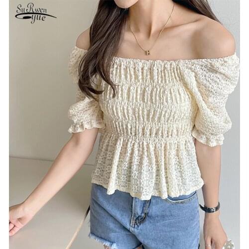 Summer New Short Sleeve Simple Tops Sexy Slash Neck Clavicle Puff Sleeve Shirt Female Hollow Out Pleated Slim Waist Blouse 16070
