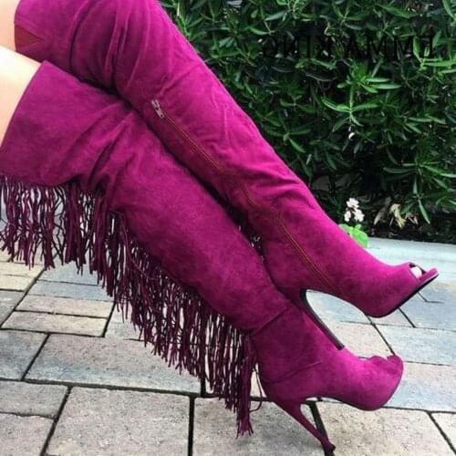 Women Tassels Thin High Boots Sexy Peep Toe Fringe Over The Knee High Boots Winter Snow Boots Women High Heels Botas De Mujer