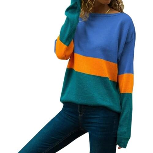 Chic Fashion 2XL Autumn Winter Contrast stripes stitching O-Neck Long-sleeved Knitting Sweater Women Casual Lady Tops for Women