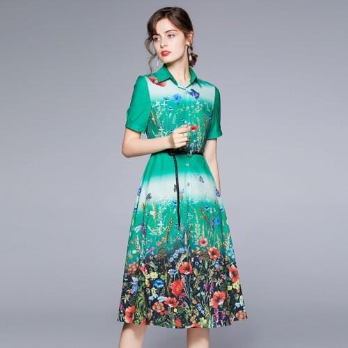 Runway Summer Midi Dress for Women 2021 Elegant Turn Down Neck Single Breast Floral Print Bow Belt OL Shirt Dress k8586