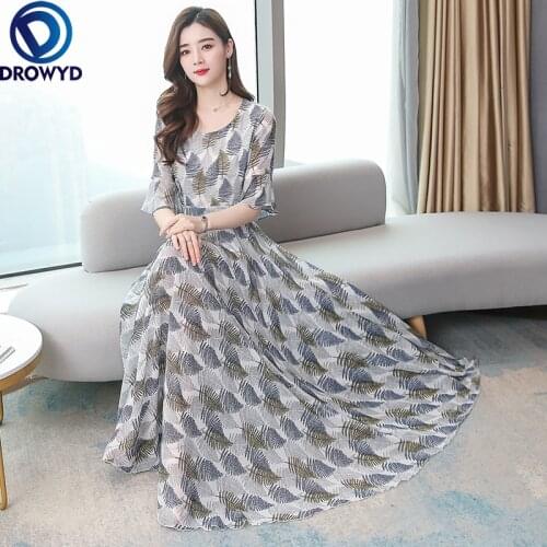 Fashion Midi Dresses for Women 2021 Chiffon Casual Dress Robe Femme Chic Vestitos Floral Short Sleeve O-Neck Summer Party Dress