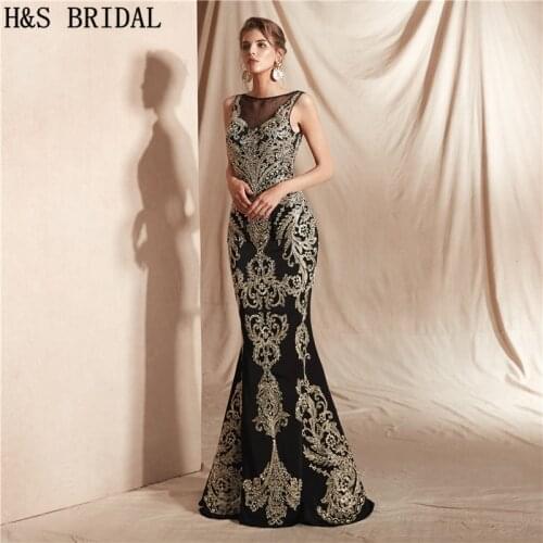 H&S BRIDAL Vintage Evening Dresses Mermaid Gold Lace Luxury Formal Dress 2020 Gown vestido de festa longo