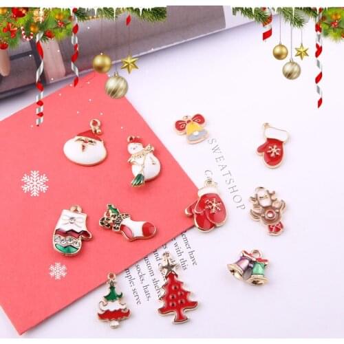10pcs Christmas Alloy Enamel Charms Christmas Tree Bell Santa Pendants Fit DIY Earrings Bracelets Making Jewelry Accessory FX511