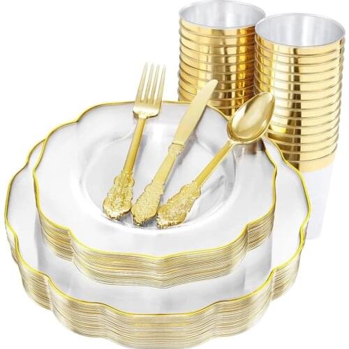 60Pcs Disposable Tableware Transparent Flower Petal Shape Gold Rim Plastic Plate Cup Silverware Birthday Wedding Party Supplies