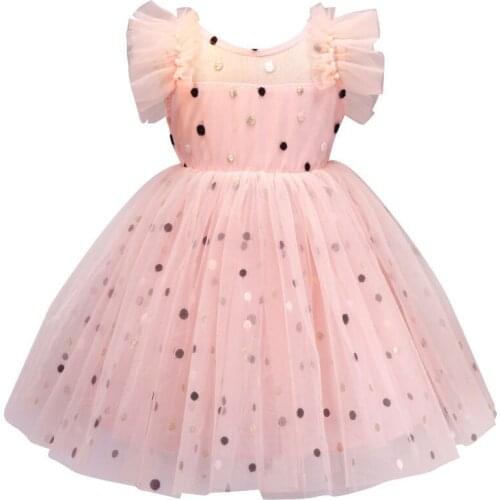 Childrens Dress Summer New Girl Sweet Embroidery Polka Dot Flying Sleeve Vest Princess Dress Mesh Patchwork Party Girl Dress