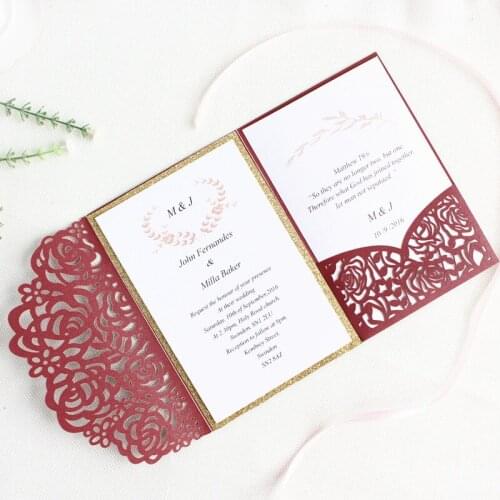 Rose wedding invitation card pocket laser burgundy invite with glittery insert provide customized printing free shipping