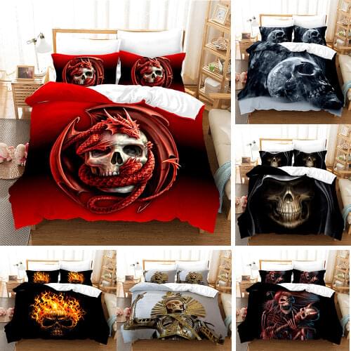 Skull Bedding Set 2/3pcs for Boys Teens Comforter Cover Human Skeleton Skull Printed Duvet Cover and Pillowcases Full Size
