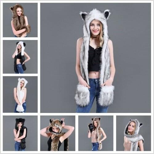 Fashion Multi-functional Cartoon Animal Hat Cute Ear Fluffy Fleece Leopard Caps Plush Beanie Warm Hooded Cap Long Scarf Earmuff
