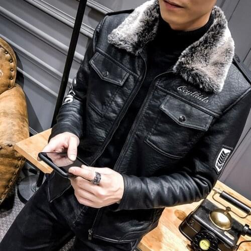 Mens Fur Collar Winter PU Leather Jackets Slim Fit Coats Black Winter Warm Outwear Black Motorcycle Male Jackets Short Coat C33