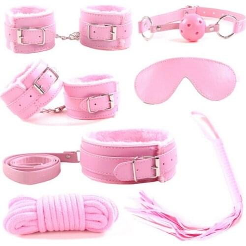 7pcs/set PU Leather Sex Bondage Set Toy Restraint Sex Toy Handcuffs Tied Rope Whip Collar Erotic Toy