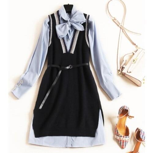 Autumn 2019 new European and American womens wear Bow shirt with long sleeves Knitted vest dress two-piece