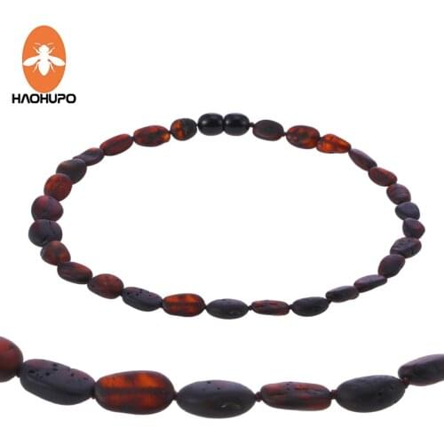 HAOHUPO Raw Bean Amber Necklace for Baby Adults Cherry Color Trendy Jewelry Birthday Gifts Oval Shape Amber Beads New Jewelry