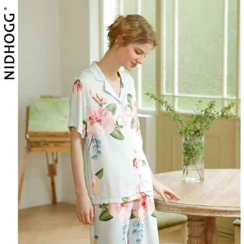 Summer Women Pajamas Satin Peony Flower Sleepwear Short-sleeved Trousers Lounge Wear 2 Piece Sexy Nightwear Long Sleeve Home Set