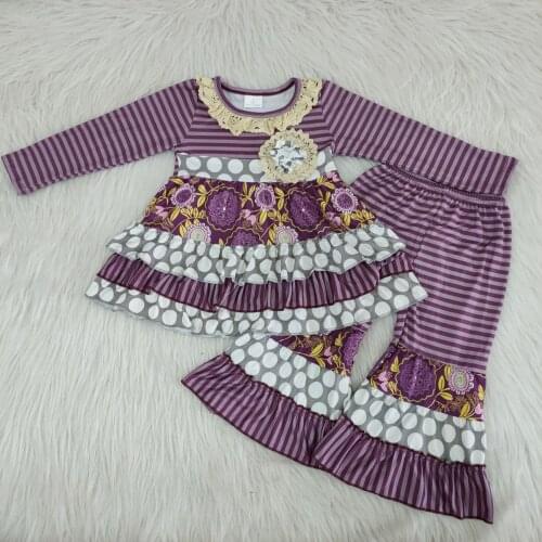 RTS New Baby Toddler Girl Clothing-Sets purple dress flower printed Bell bottoms Spring fall Boutique Kids Clothing