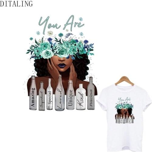 Unique Black Lady Patch Iron On Transfer For Clothes Flower Girl Thermal Sticker DIY Washable Women T-Shirt Tops Hoodie Applique