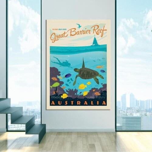 Australia Great Barrier Reef vintage poster print, traditional travel barrier, home wall art, office wall decoration state map p