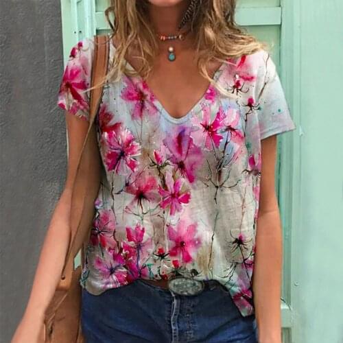 40# Harajuku Women T-shirts Flora Printed Plus Size Tops Tee Short Sleeve V-neck Casual Summer T-shirt Blusas Mujer De Moda 2021