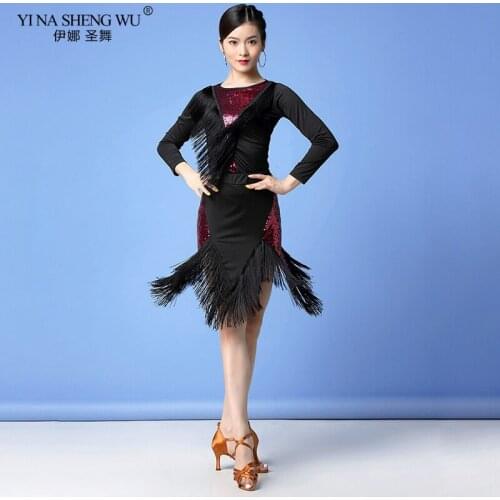 Women Tassel Latin Dance Dress Salsa Tango Ballroom Dancing Dresses Competition Costume Lady Long-sleeve Practice Dance Clothes