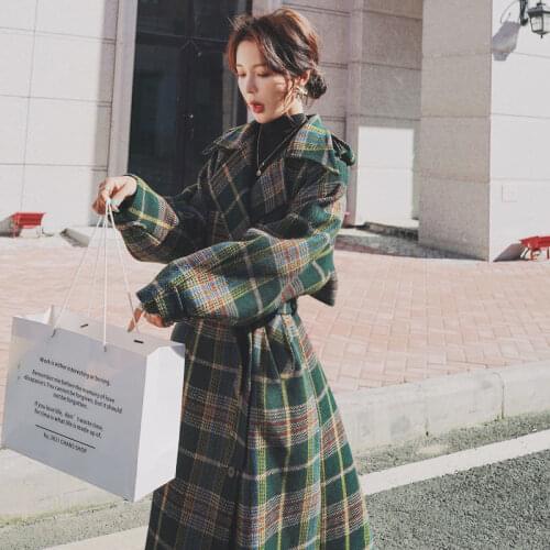 2021 Women Coat Outerwear Winter Clothing Fashion Warm Woolen Blends Female X Long Elegant Double Breasted Woolen Coat Plaid
