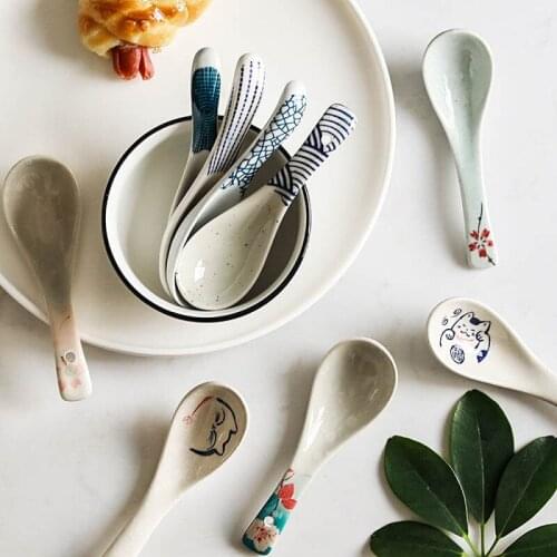 1PC Retro Japanese Style Hand-painted Ceramic Household Soup Spoon DIY Tableware Supplies