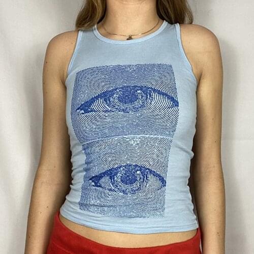 90s Aesthetic Women New Summer Eyes Printed O Neck Crop Tops Y2k Harajuku Vintage Fashion Casual Streetwear Sleeveless Tank Tops