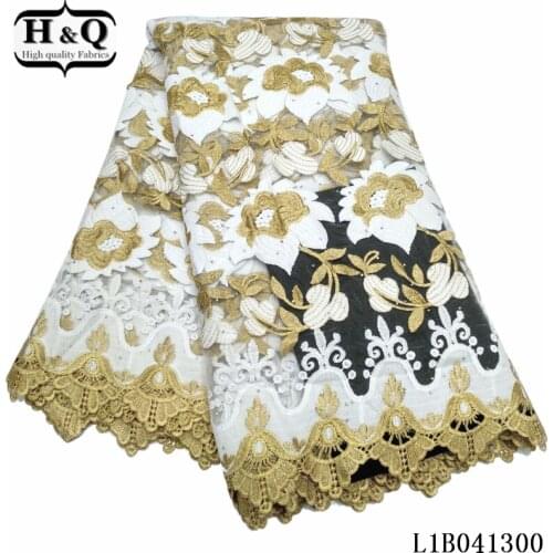 H&Q white embroidery french cord mesh lace fabric with stones african water soluble lace fabrics 5 yard for sewing wedding dress