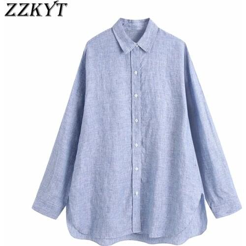 ZZKYT 2021 Women Spring Vintage Solid Flax Blouses Fashion Lapel Collar Long Sleeve Single Breasted Female Shirts Casual Tops