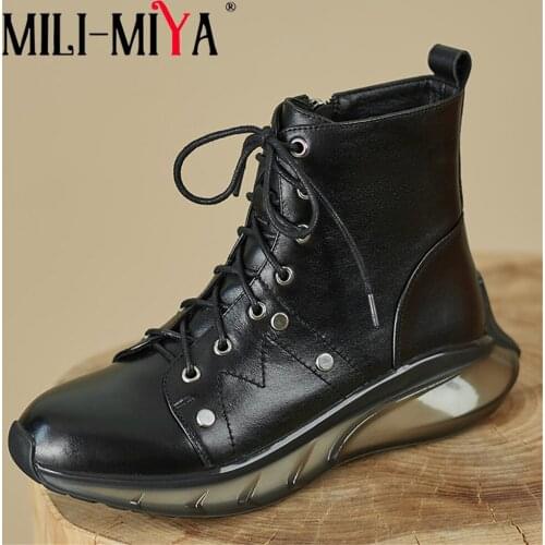 MILI-MIYA Trainers Lace Up Zipper Genuine Leather Platform Thick Heel Ankle Boots Female Round Toe Fashion Sneakers Casual Shoes