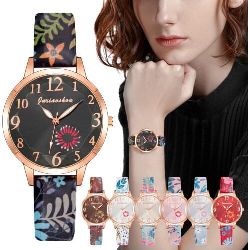 Vintage Floral Printed Women Watches Fashion Ladies Leather Strap Quartz Wristwatches Clock Zegarek Damski