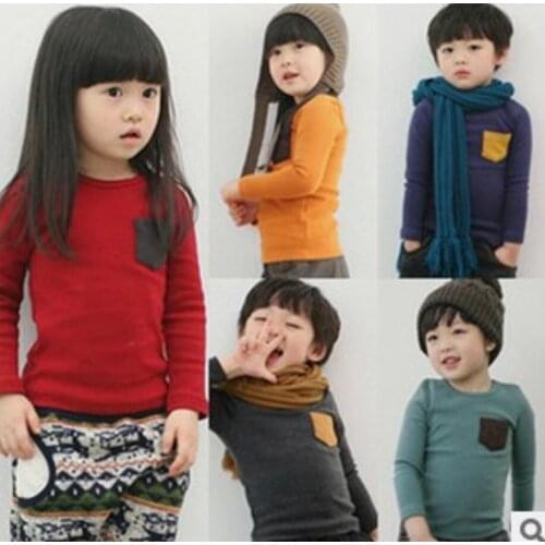 Boys Girls Long Sleeve T-shirt Candy Color Kids Cotton Pocket Tops Children Casual Tees Baby Spring Autumn Blouse Girl Clothes