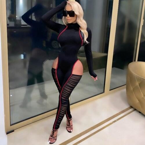 Club Sexy Rompers Womens Jumpsuit fall clothes Hollow Out Turtleneck Bodycon Jumpsuit Women Party Mesh Patchwork Long Jumpsuit