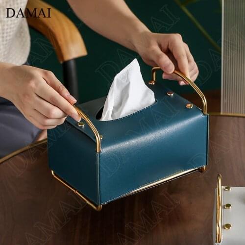 Creativity Leather Tissue Boxes Nordic Modern Golden Iron Frame Paper Towel Storage Box Living Room Desktop Ornaments Home Decor