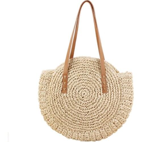 Round Straw Beach Bag Vintage Handmade Woven Shoulder Bag Raffia Circle Rattan Bags Bohemian Summer Vacation Casual Bags