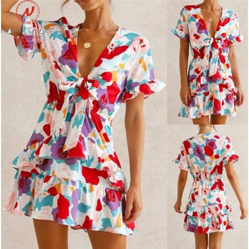 Fashion Women Summer Print A-Line Dress Bandage Design Ruffles Decor V-Neck Short Sleeve Mid Waist Slim Pullovers Mini Dress