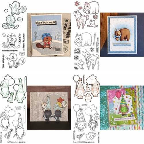 Birthday Party Gnomie Hat Candle Balloon Bear Elf Bird Skating Dies and Stamps Set 2021 DIY Scrapbooking Craft Making Template