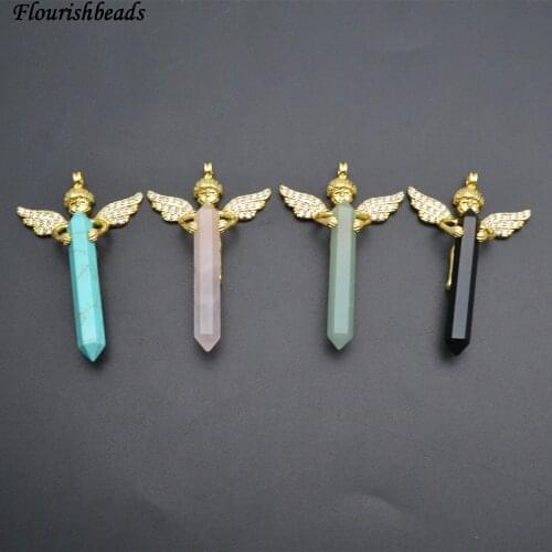 Natural Semi-precious Stone Pillar Paved Crstal Beads Metal Angel Double Wings Pendants Fit Necklace Making