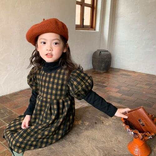 2021 Autumn New Childrens Clothing Girls' Sweet Puff Sleeve Plaid Dress Autumn Winter Skirt