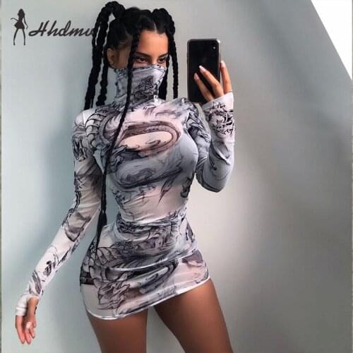 2020 Spring New Brand Vintage See Through Lace Special Sexy Club Open Full Sleeve High Waist Elastic Women Thin Mini Dress
