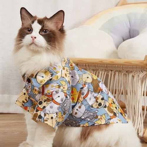 Cartoons Cat Shirt Linen Cotton Clothes Blouse Summer Cat Printed Clothing for Cats Small Dogs Breathable Soft Kitty Costume